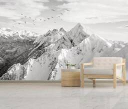 Snow Mountain Wall Mural, Bird Landscape Wallpaper, Peel & Stick