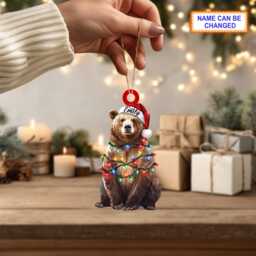 Custom Name Bear With Christmas Lights Personalized Ornament, Tree Hanging Decor, Flat 2D Ornament - thumbnail 3