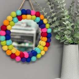 Small Pom Mirror, Circle Playroom Decor, Nursery Rainbow Mirror - thumbnail 3