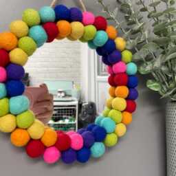 Small Pom Mirror, Circle Playroom Decor, Nursery Rainbow Mirror - thumbnail 2