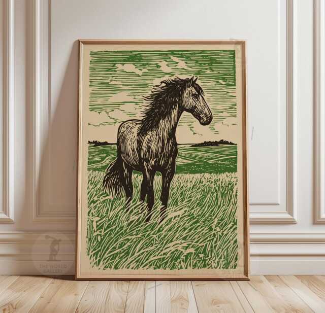 Green Field Horse Poster Print - Linocut Countryside Landscape Art Rustic Farmhouse Wall Decor - image 1