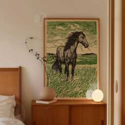 Green Field Horse Poster Print - Linocut Countryside Landscape Art Rustic Farmhouse Wall Decor - thumbnail 2