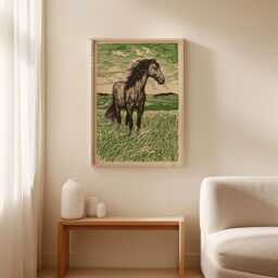 Green Field Horse Poster Print - Linocut Countryside Landscape Art Rustic Farmhouse Wall Decor - thumbnail 3