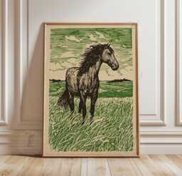 Green Field Horse Poster Print - Linocut Countryside Landscape Art Rustic Farmhouse Wall Decor - thumbnail 1