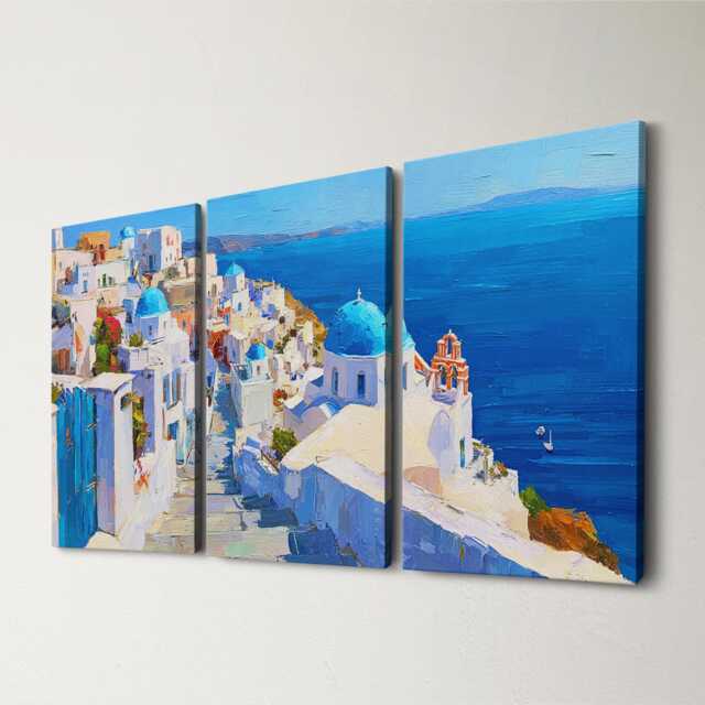 Santorini Greece Cliffside 3 Panel Split Canvas Wall Art Summers Day Summer Cityscape Oil Painting Framed Home Decor - image 1