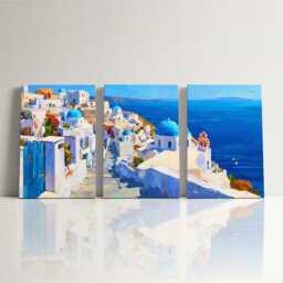 Santorini Greece Cliffside 3 Panel Split Canvas Wall Art Summers Day Summer Cityscape Oil Painting Framed Home Decor - thumbnail 3