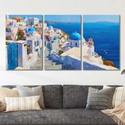 Santorini Greece Cliffside 3 Panel Split Canvas Wall Art Summers Day Summer Cityscape Oil Painting Framed Home Decor - thumbnail 2