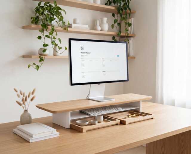 Desk Shelf Monitor Stand With Storage, Riser, Wooden Shelf, Engraved Oak Desk Shelf - image 1