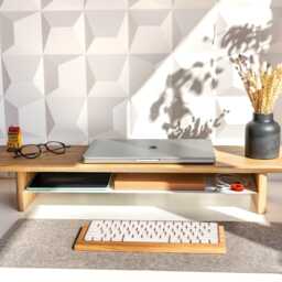 Desk Shelf Monitor Stand With Storage, Riser, Wooden Shelf, Engraved Oak Desk Shelf - thumbnail 2