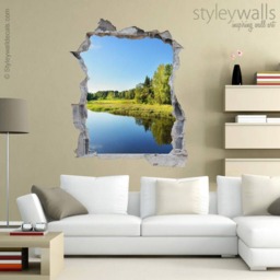 Lake Wall Decal, Nature Sticker, Hole in The 3D Effect Broken Mural