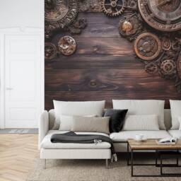Steampunk Gear Wood Wallpaper Mural, Peel & Stick Removable Wall Art - thumbnail 2