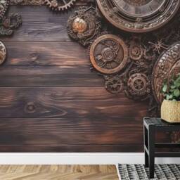 Steampunk Gear Wood Wallpaper Mural, Peel & Stick Removable Wall Art - thumbnail 3