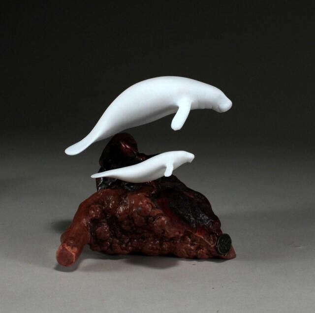 Manatee Mother & Calf Sculpture By John Perry 7 Inch Long Pellucida On Burwood Base - image 1