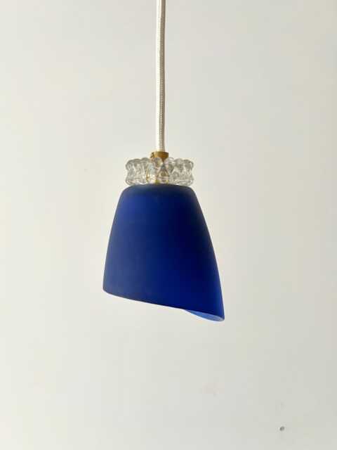 Blue Pendant Lamp Mcm Hanging Light Rewired Mini Vintage Ceiling Small Fixture Yugoslavia Retro Glass Gold Brass - image 1