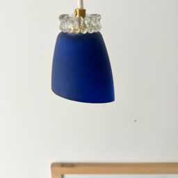 Blue Pendant Lamp Mcm Hanging Light Rewired Mini Vintage Ceiling Small Fixture Yugoslavia Retro Glass Gold Brass - thumbnail 4