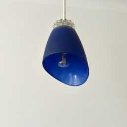 Blue Pendant Lamp Mcm Hanging Light Rewired Mini Vintage Ceiling Small Fixture Yugoslavia Retro Glass Gold Brass - thumbnail 2
