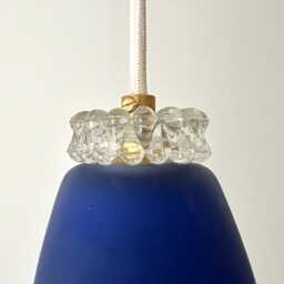 Blue Pendant Lamp Mcm Hanging Light Rewired Mini Vintage Ceiling Small Fixture Yugoslavia Retro Glass Gold Brass - thumbnail 3