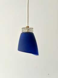 Blue Pendant Lamp Mcm Hanging Light Rewired Mini Vintage Ceiling Small Fixture Yugoslavia Retro Glass Gold Brass