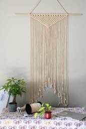 Large Handmade Minimalist Wall Hanging, Natural Off-White Boho Ombre Tapestry, Macrame Art On Wooden Dowel With Cotton Cords, Chic Decor