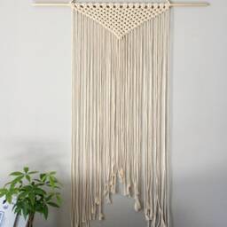 Large Handmade Minimalist Wall Hanging, Natural Off-White Boho Ombre Tapestry, Macrame Art On Wooden Dowel With Cotton Cords, Chic Decor - thumbnail 2