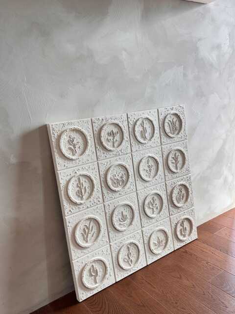 Hand-Painted Cactus Wood Wall Art - Minimalist Stone Beige Panel - image 1