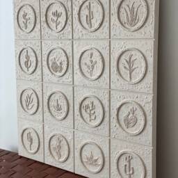 Hand-Painted Cactus Wood Wall Art - Minimalist Stone Beige Panel - thumbnail 3
