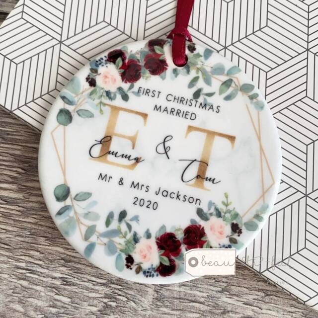 Personalised First Christmas Married Wedding Gift Mr Mrs Newlywed Burgundy Greenery Design Ceramic Or Acrylic Round Ornament Keepsake - image 1