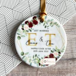 Personalised First Christmas Married Wedding Gift Mr Mrs Newlywed Burgundy Greenery Design Ceramic Or Acrylic Round Ornament Keepsake - thumbnail 2