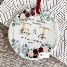 Personalised First Christmas Married Wedding Gift Mr Mrs Newlywed Burgundy Greenery Design Ceramic Or Acrylic Round Ornament Keepsake - thumbnail 1