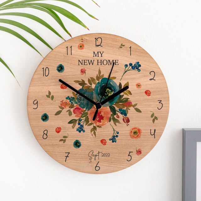 Peach & Navy Roses Personalised Cherry Wood Clock - Family New Home Gift Illustrated Acrylic Wall - image 1