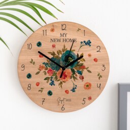 Peach & Navy Roses Personalised Cherry Wood Clock - Family New Home Gift Illustrated Acrylic Wall