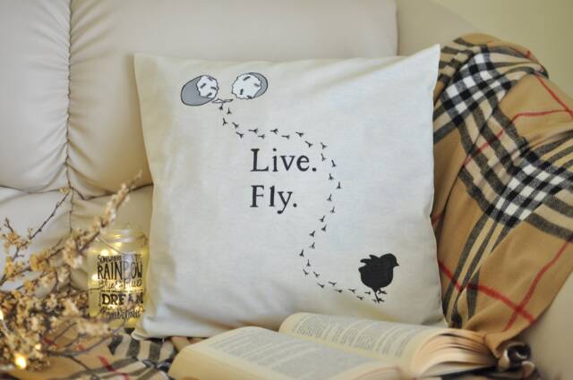 Live. Fly, Steps Of Bird, Pillow Cover, Decorative Pillowcase, Home Decor, Handmade, Hand Painted, 16 X 16, Natural Canvas, Nursery, Gift - image 1