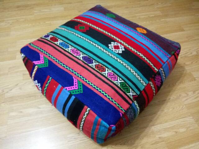 Kilim Pouf Square 24x24x8 Inches Striped Design Poufs Floor Pillow Cover Oversize Anatolian Home Decor - image 1