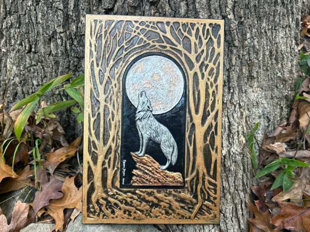 Call Of The Wild - Cast Paper Wolf Howling At Moon Big Handmade -Silver Wolf White - image 1