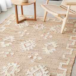 Handwoven Jute Rug With White Flower Boho Bohemian Decor , Handwoven 8x10, Reversible Cotton Carpet - thumbnail 1