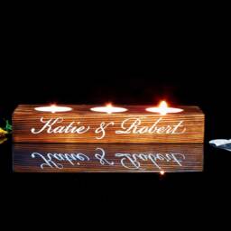 Personalized Rustic Wooden Tea Light Holder Triple - Custom Couple Names Engraved Candle Wedding Gift - thumbnail 2