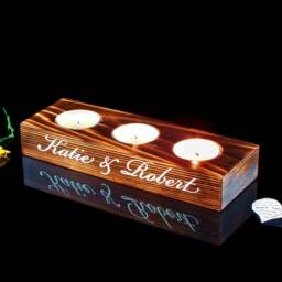 Personalized Rustic Wooden Tea Light Holder Triple - Custom Couple Names Engraved Candle Wedding Gift - thumbnail 4