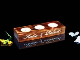 Personalized Rustic Wooden Tea Light Holder Triple - Custom Couple Names Engraved Candle Wedding Gift - thumbnail 1