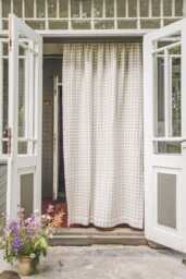 White/Natural Checkered Linen Curtain For Rustic Charm, Handmade Natural Softened Panel, Custom Length Rod Pocket Curtain