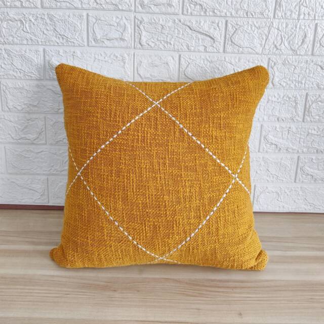 Mustard Yellow Hand Machine Kantha Cushion Cover 18x18, 20x20 Inches Cotton Handmade Decorative Boho Textured Throw Pillow - image 1