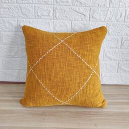 Mustard Yellow Hand Machine Kantha Cushion Cover 18x18, 20x20 Inches Cotton Handmade Decorative Boho Textured Throw Pillow - thumbnail 1