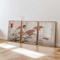 Japanese Reed Wall Art Set Of 3 - Minimalist Nature Print Red Grass Botanical Artwork Tranquil Asian-Inspired Home Decor - thumbnail 1