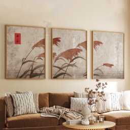 Japanese Reed Wall Art Set Of 3 - Minimalist Nature Print Red Grass Botanical Artwork Tranquil Asian-Inspired Home Decor - thumbnail 3