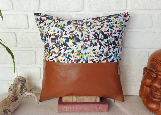 Terracotta Faux Leather Pillow Cover Abstract Linen Accent, 16x16 - image 1