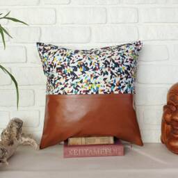 Terracotta Faux Leather Pillow Cover Abstract Linen Accent, 16x16 - thumbnail 3