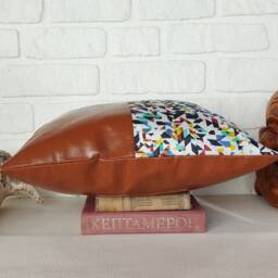 Terracotta Faux Leather Pillow Cover Abstract Linen Accent, 16x16 - thumbnail 4