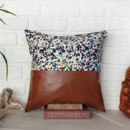 Terracotta Faux Leather Pillow Cover Abstract Linen Accent, 16x16 - thumbnail 2