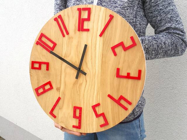 Large Wall Clock, Wood Oak, 16Inch Black&red, Modern Geometric Wall Clock, Oryginal Gift, Gloss Slim Red 40cm - image 1