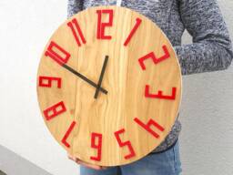 Large Wall Clock, Wood Oak, 16Inch Black&red, Modern Geometric Wall Clock, Oryginal Gift, Gloss Slim Red 40cm
