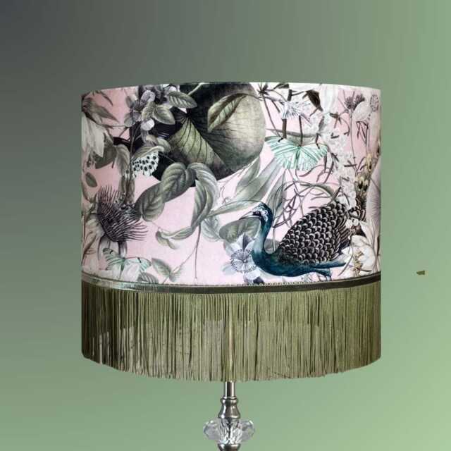 Pink & Green Velvet Lampshade With Peacocks, Butterflies, Florals & Fringe - image 1